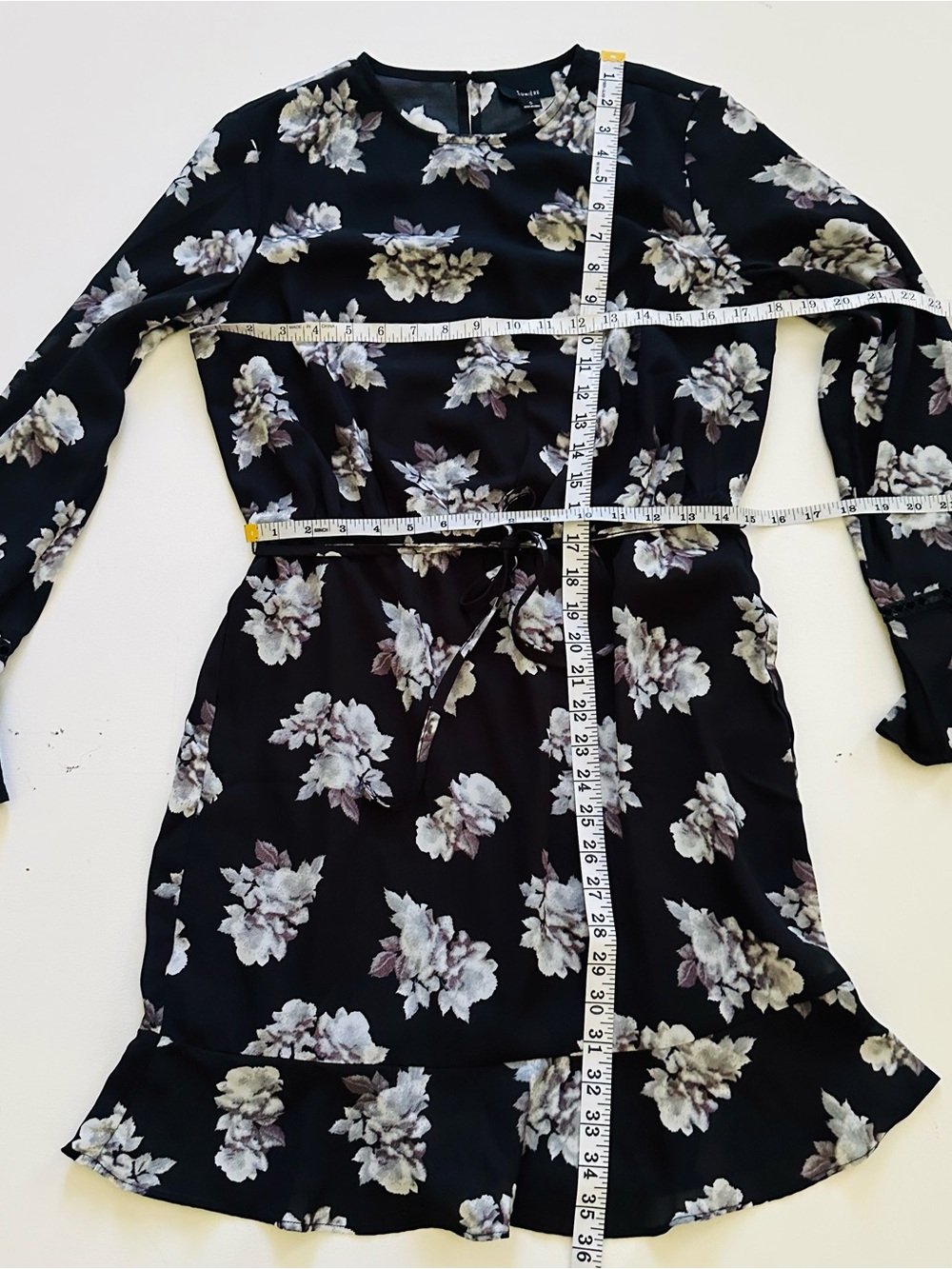 Lumiere Dress Black Gray Floral Tie-Detail Ruffled Long Sleeve Dress Small NEW - Picture 14 of 15